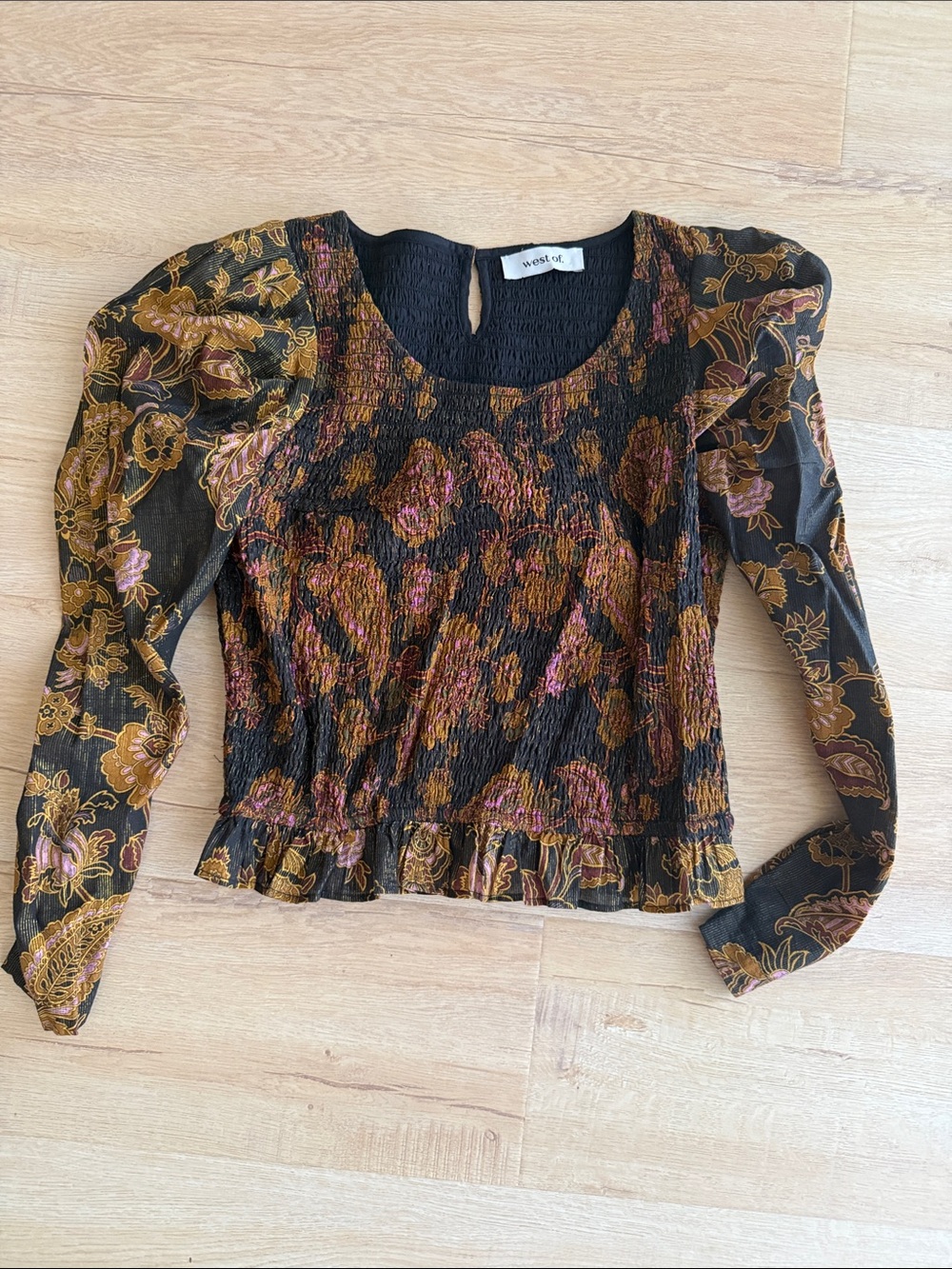 Floral Smocked Black & Mustard Long-Sleeve Top. New Without Tags. Small/Medium